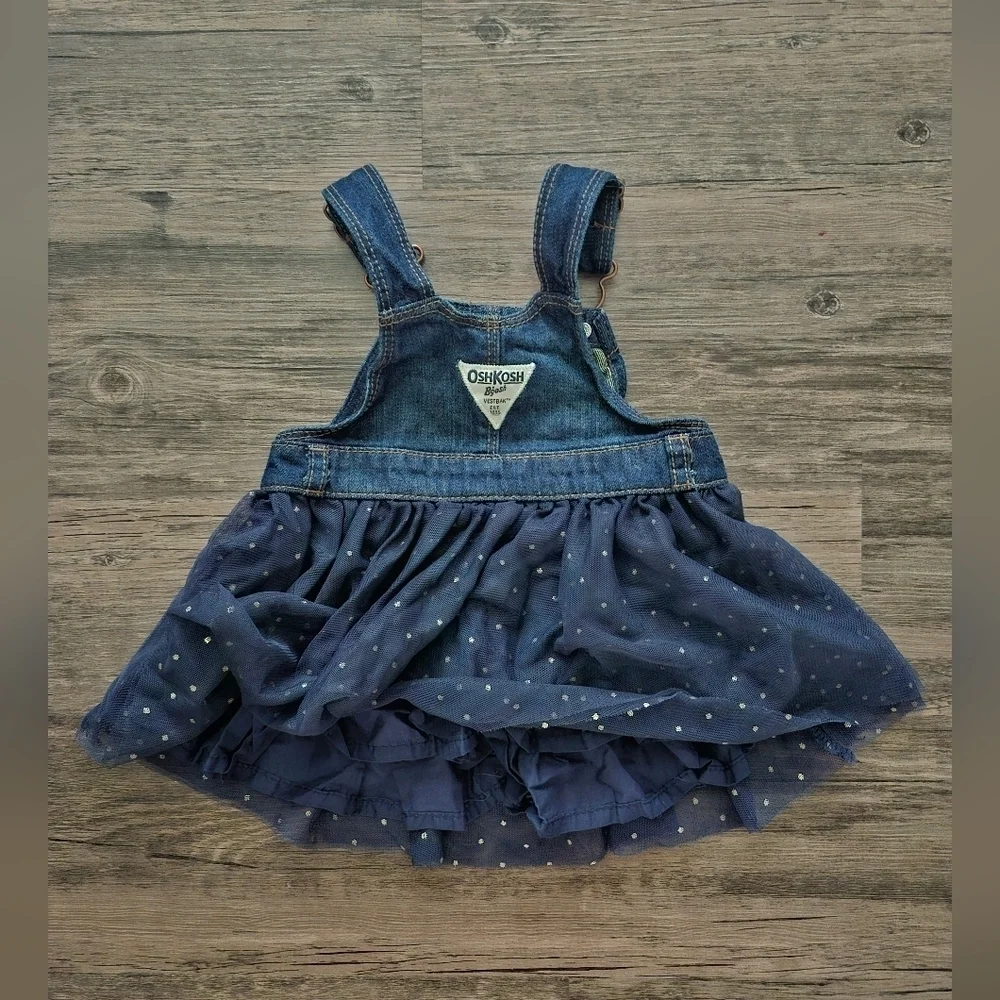 OshKosh B'gosh Navy Tulle Overalls Dress with Colorful Onesies